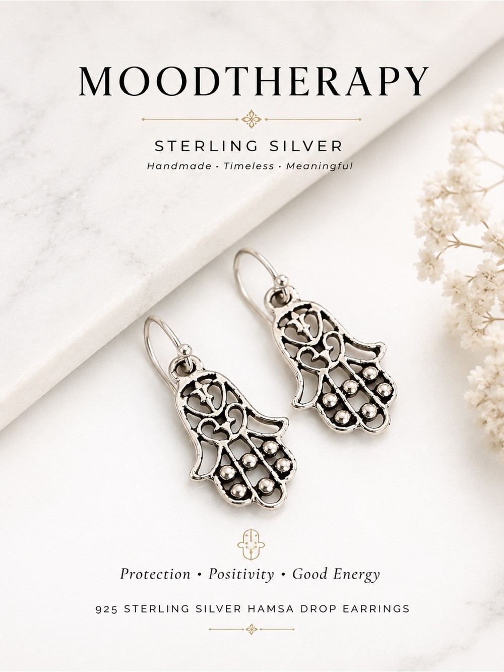 Moodtherapy 925 Sterling Silver Hamsa Drop Earrings Handmade Boho NWT